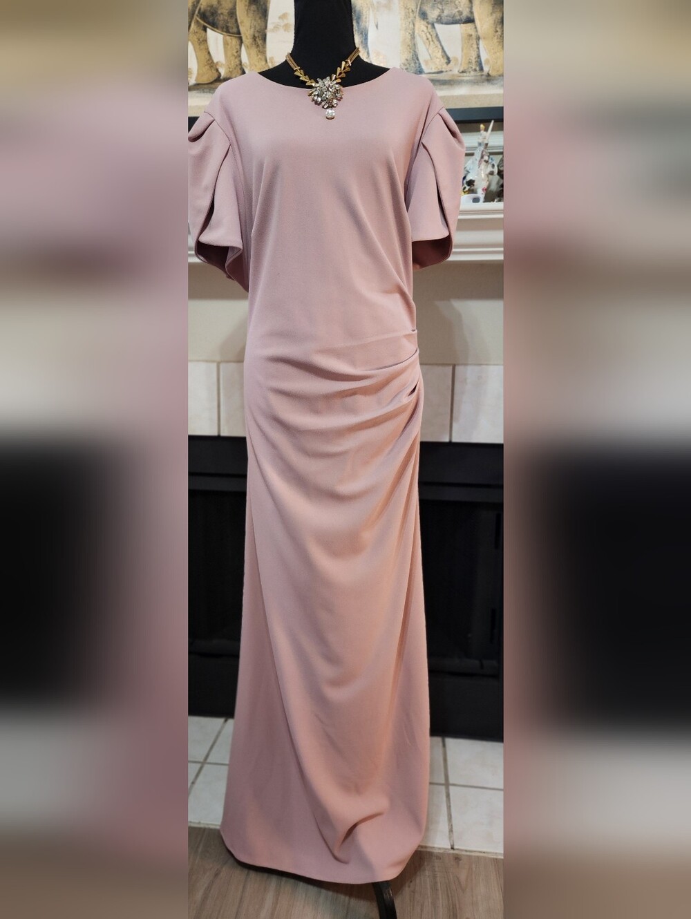 Xscape Dusty Rose Puff Sleeve Evening Gown